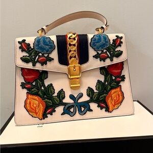 Gucci Cream Satchel with Floral Embroidery